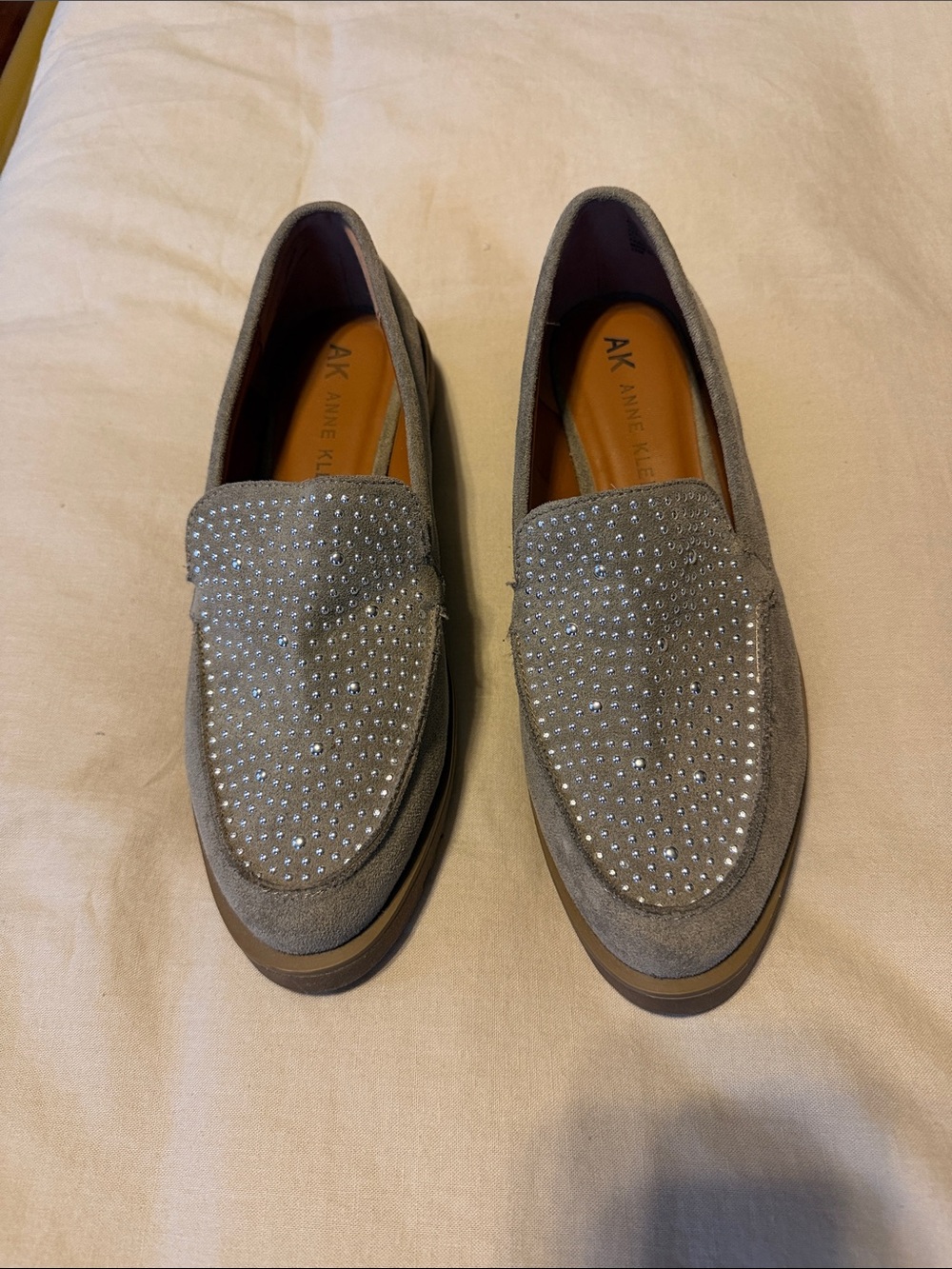 Anne Klein Silver-Gray Suede Embellished Slip-On Loafers